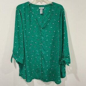 Catherines Plus Size 2x Top Green Umbrella Print knit shirt short sleeve Bow